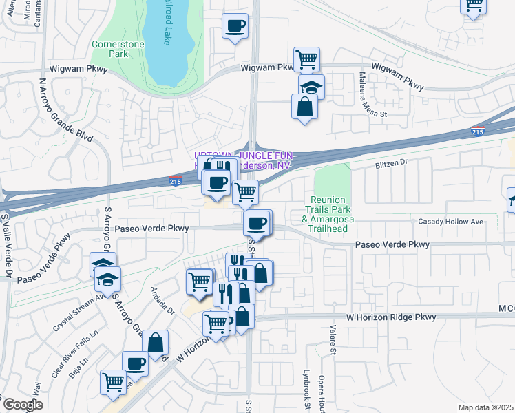 map of restaurants, bars, coffee shops, grocery stores, and more near 1371 Grass Creek Avenue in Henderson