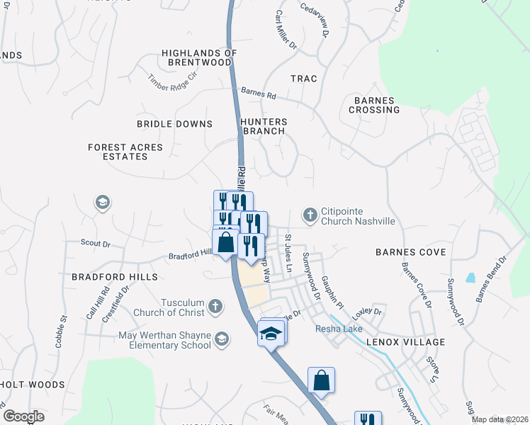 map of restaurants, bars, coffee shops, grocery stores, and more near 7231 Althorp Way in Nashville