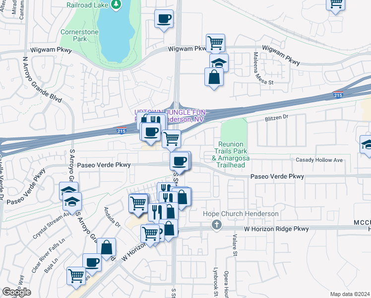map of restaurants, bars, coffee shops, grocery stores, and more near 1363 Grass Creek Avenue in Henderson