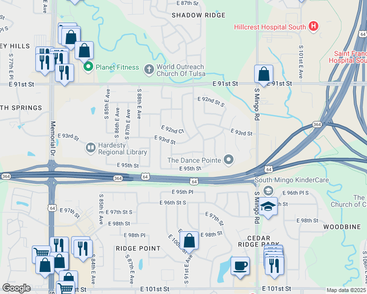 map of restaurants, bars, coffee shops, grocery stores, and more near 9020 East 93rd Street in Tulsa