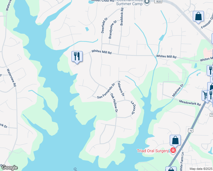 map of restaurants, bars, coffee shops, grocery stores, and more near 4402 Oak Hollow Drive in High Point