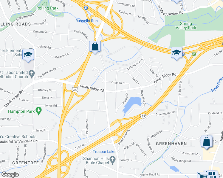 map of restaurants, bars, coffee shops, grocery stores, and more near 1004 Creek Ridge Road in Greensboro