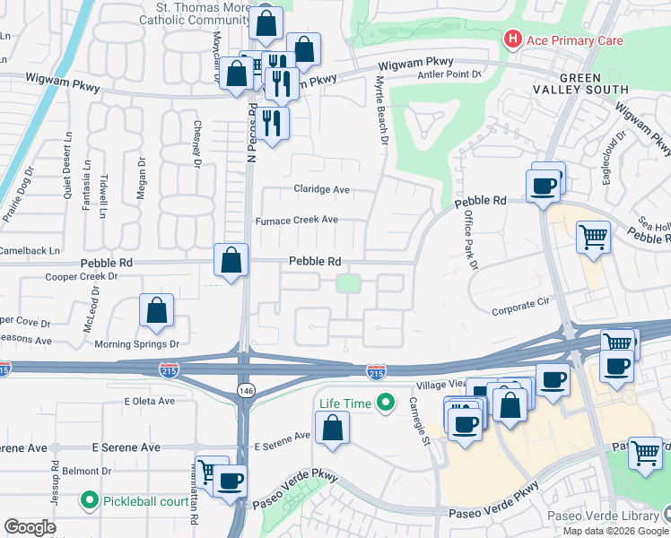 map of restaurants, bars, coffee shops, grocery stores, and more near 17 Rue De Parc in Henderson