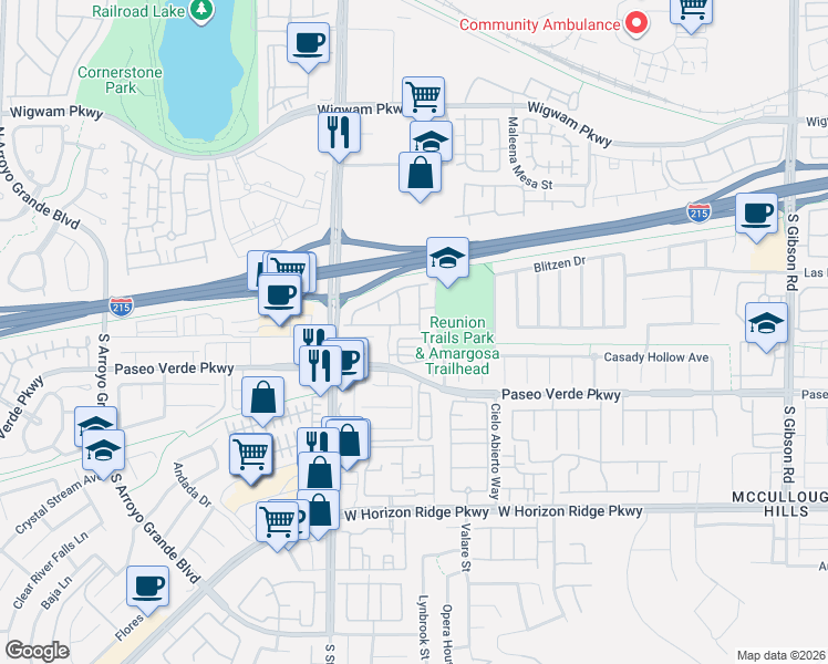 map of restaurants, bars, coffee shops, grocery stores, and more near 1323 Grass Creek Avenue in Henderson