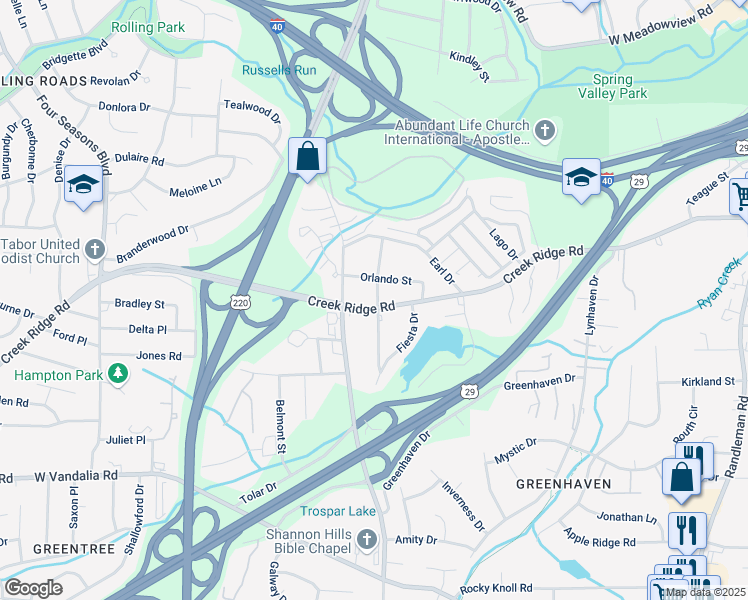 map of restaurants, bars, coffee shops, grocery stores, and more near 3501 Ravendale Drive in Greensboro