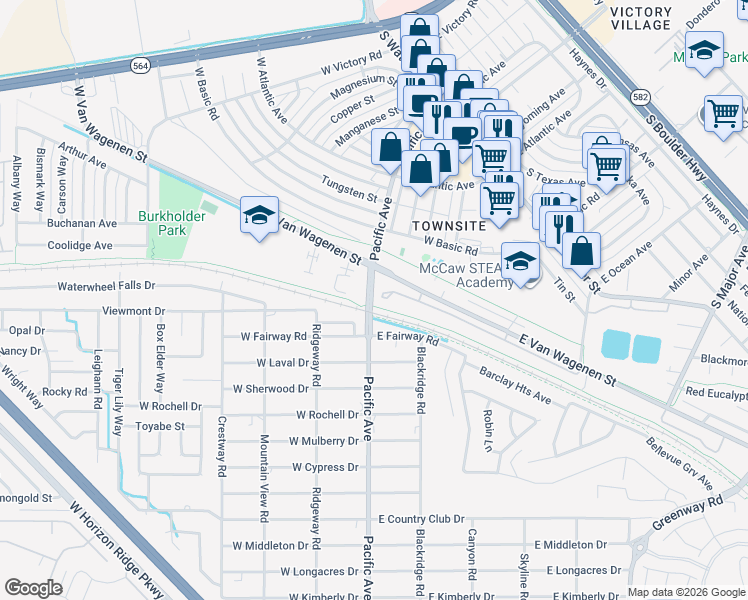map of restaurants, bars, coffee shops, grocery stores, and more near 119 East Van Wagenen Street in Henderson