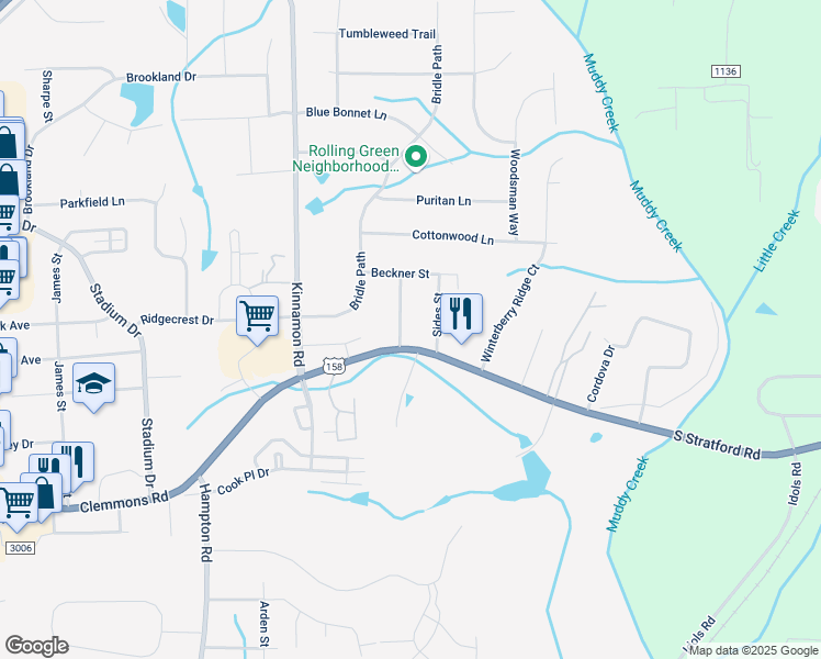map of restaurants, bars, coffee shops, grocery stores, and more near 3314 South Stratford Road in Winston-Salem