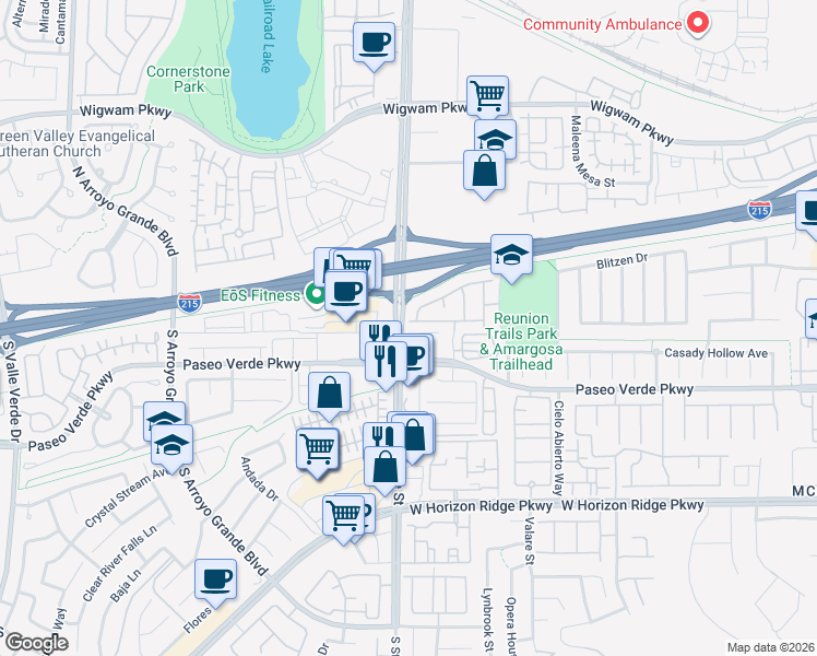 map of restaurants, bars, coffee shops, grocery stores, and more near 1371 Grass Creek Avenue in Henderson
