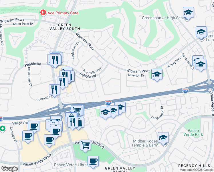 map of restaurants, bars, coffee shops, grocery stores, and more near 13 Cozy Glen Circle in Henderson