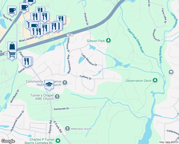 map of restaurants, bars, coffee shops, grocery stores, and more near 3376 Cherrybrook Drive in Jamestown