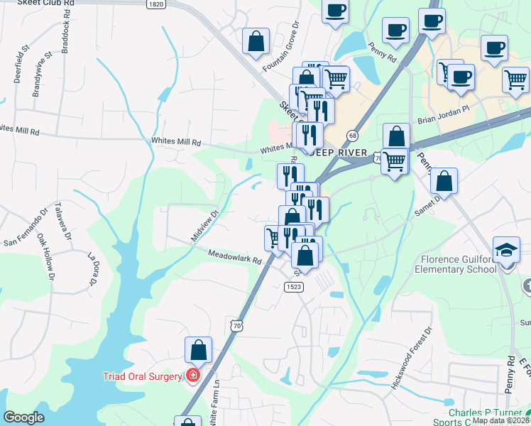 map of restaurants, bars, coffee shops, grocery stores, and more near 3722 Cranbrook Point in High Point