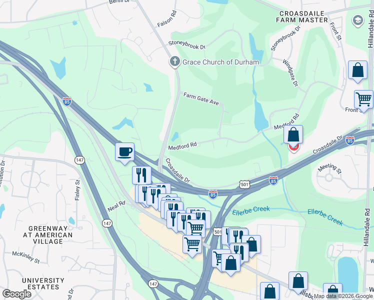 map of restaurants, bars, coffee shops, grocery stores, and more near 3731 Medford Road in Durham