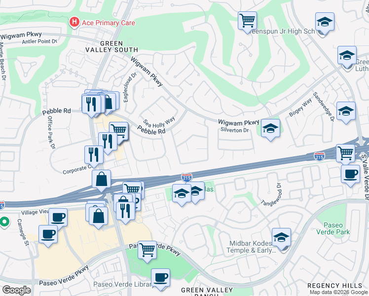 map of restaurants, bars, coffee shops, grocery stores, and more near 13 Cozy Glen Circle in Henderson