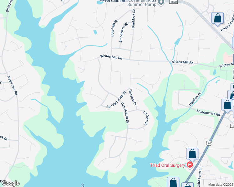 map of restaurants, bars, coffee shops, grocery stores, and more near 4405 Oak Hollow Drive in High Point