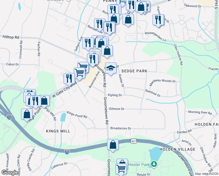 map of restaurants, bars, coffee shops, grocery stores, and more near 3101 Groometown Road in Greensboro