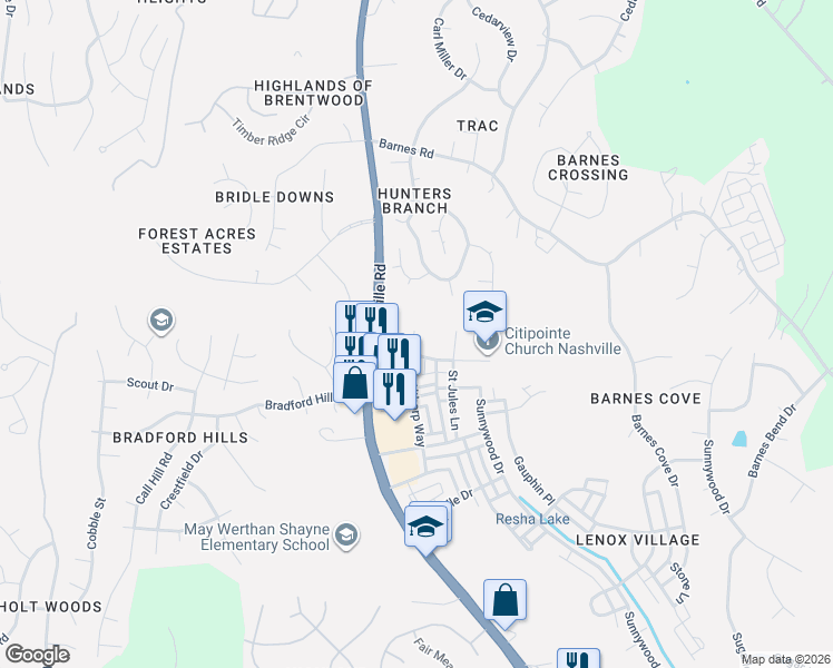 map of restaurants, bars, coffee shops, grocery stores, and more near 7231 Althorp Way in Nashville