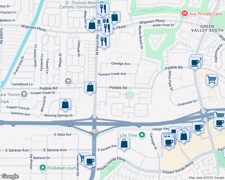 map of restaurants, bars, coffee shops, grocery stores, and more near 2468 Vía De Milano in Henderson