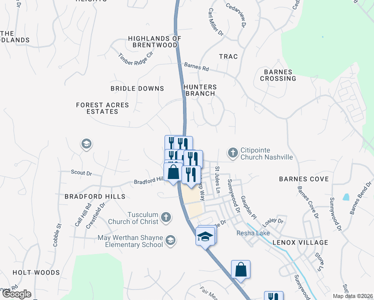 map of restaurants, bars, coffee shops, grocery stores, and more near 7419 Lords Chapel Drive in Nashville