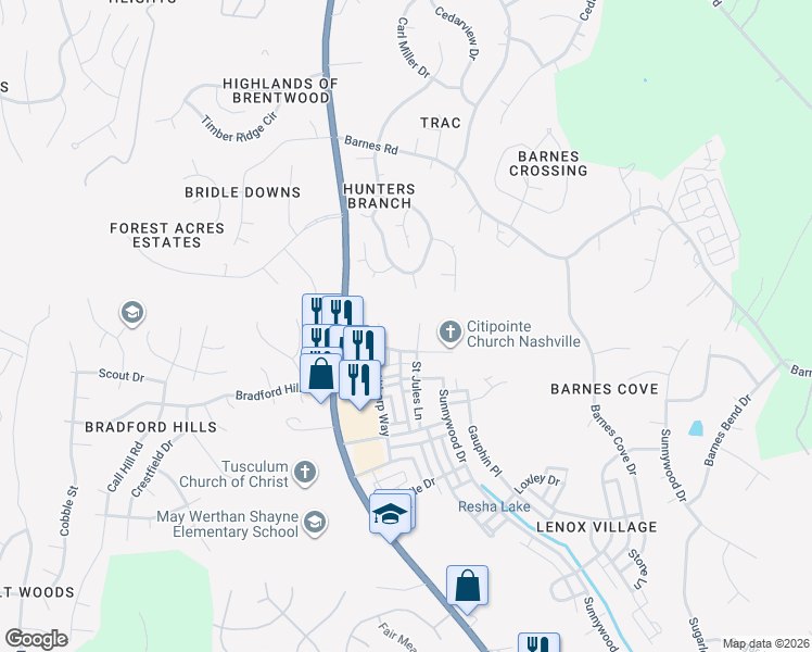 map of restaurants, bars, coffee shops, grocery stores, and more near 7223 Althorp Way in Nashville