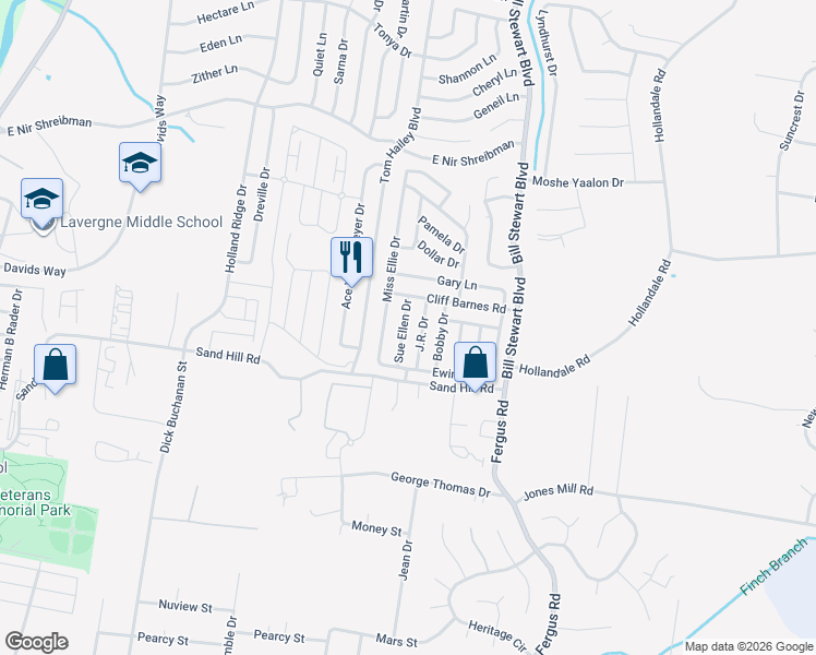 map of restaurants, bars, coffee shops, grocery stores, and more near 306 J.R. Drive in La Vergne