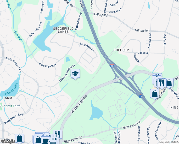 map of restaurants, bars, coffee shops, grocery stores, and more near 24 Hartsfield Court in Greensboro