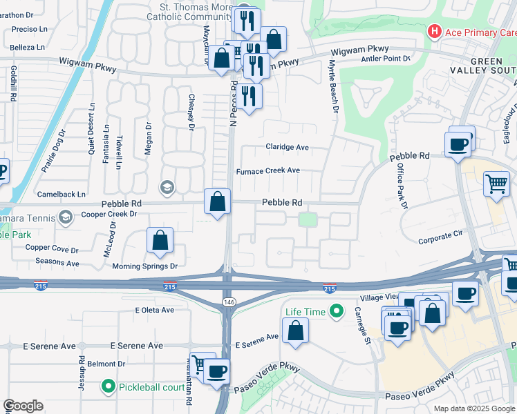 map of restaurants, bars, coffee shops, grocery stores, and more near 2476 Vía De Milano in Henderson