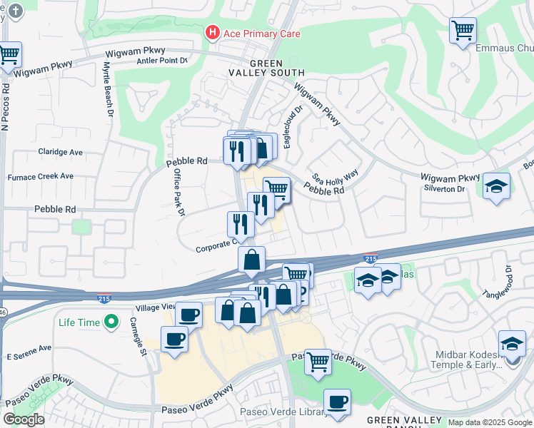map of restaurants, bars, coffee shops, grocery stores, and more near 1550 North Green Valley Parkway in Henderson