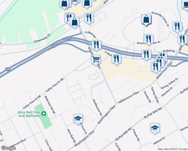 map of restaurants, bars, coffee shops, grocery stores, and more near 4405 Pinehurst Drive in Knoxville