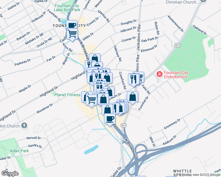 map of restaurants, bars, coffee shops, grocery stores, and more near 4832 Harvest Mill Way in Knoxville
