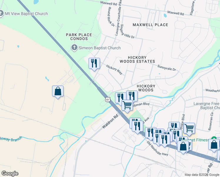 map of restaurants, bars, coffee shops, grocery stores, and more near Hickory Woods Drive in Nashville