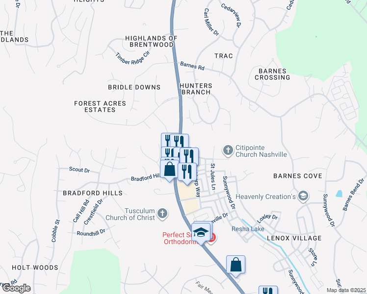 map of restaurants, bars, coffee shops, grocery stores, and more near 7419 Lords Chapel Drive in Nashville