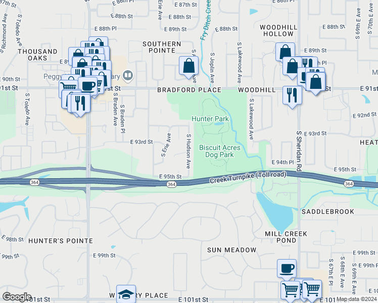 map of restaurants, bars, coffee shops, grocery stores, and more near 7512 East 94th Street in Tulsa