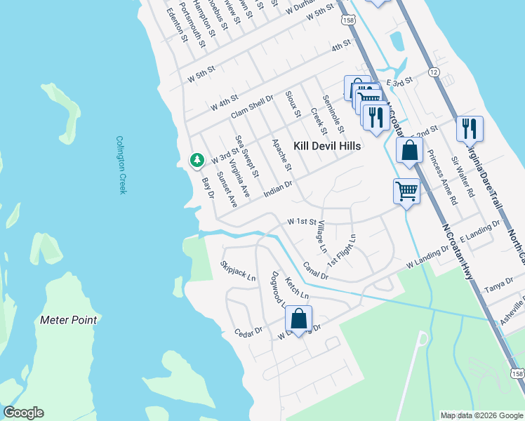 map of restaurants, bars, coffee shops, grocery stores, and more near 705 Canal Dr in Kill Devil Hills