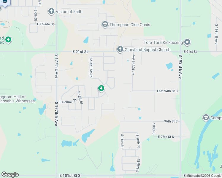 map of restaurants, bars, coffee shops, grocery stores, and more near 2607 South 16th Place East in Broken Arrow