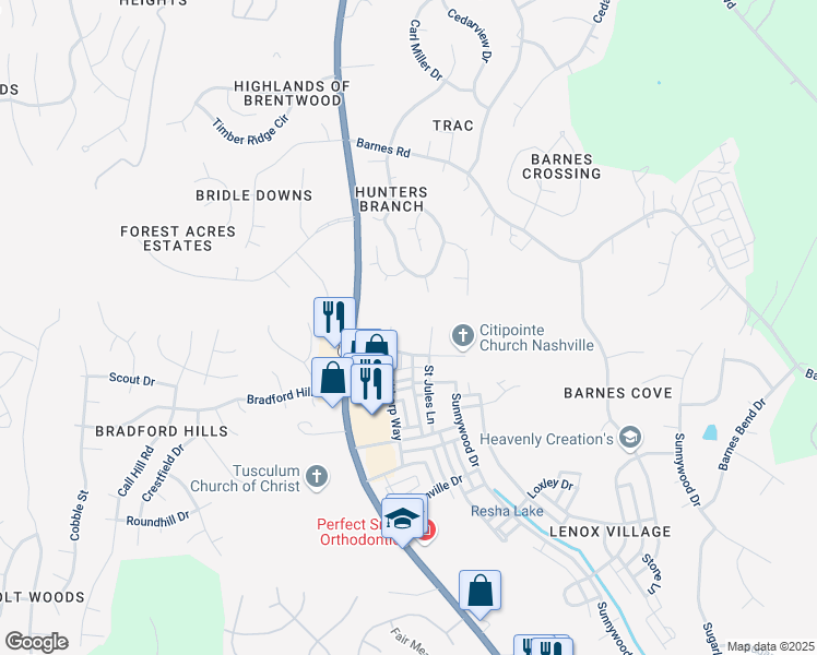 map of restaurants, bars, coffee shops, grocery stores, and more near 7231 Althorp Way in Nashville