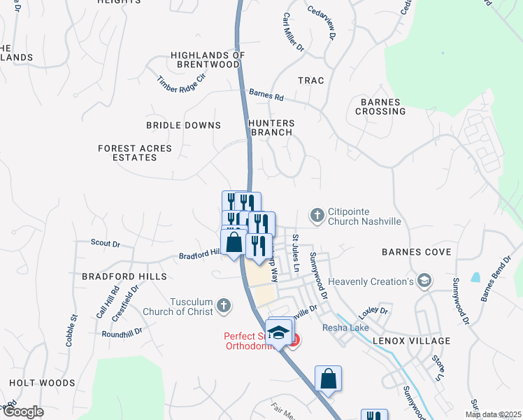 map of restaurants, bars, coffee shops, grocery stores, and more near 7230 Althorp Way in Nashville