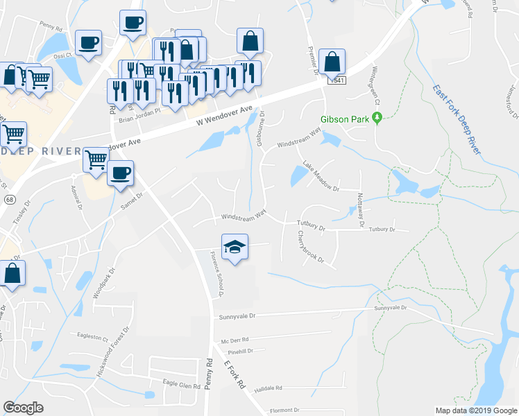 map of restaurants, bars, coffee shops, grocery stores, and more near 3793 Windstream Way in Jamestown