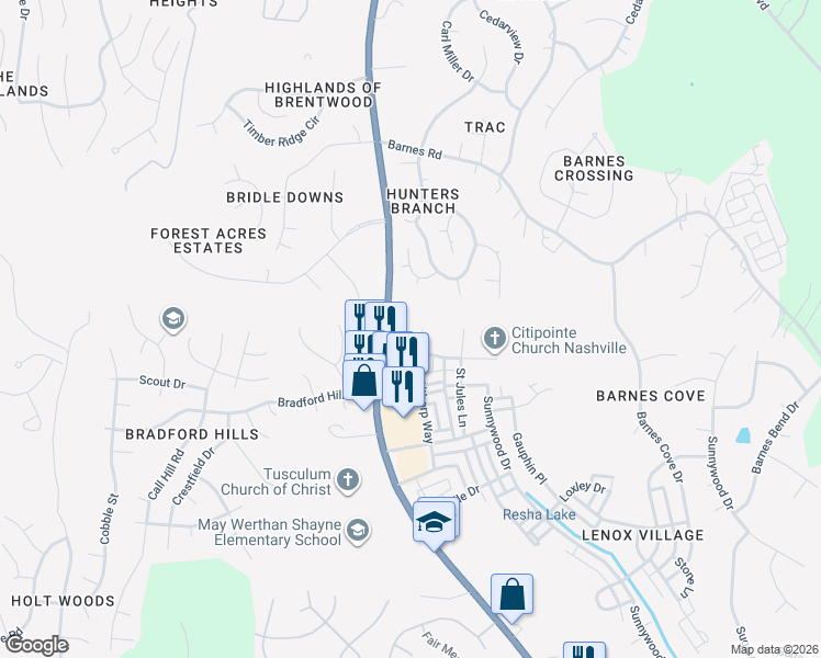 map of restaurants, bars, coffee shops, grocery stores, and more near 7230 Althorp Way in Nashville