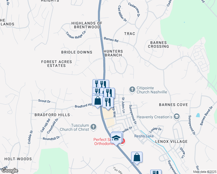map of restaurants, bars, coffee shops, grocery stores, and more near 7419 Lords Chapel Drive in Nashville