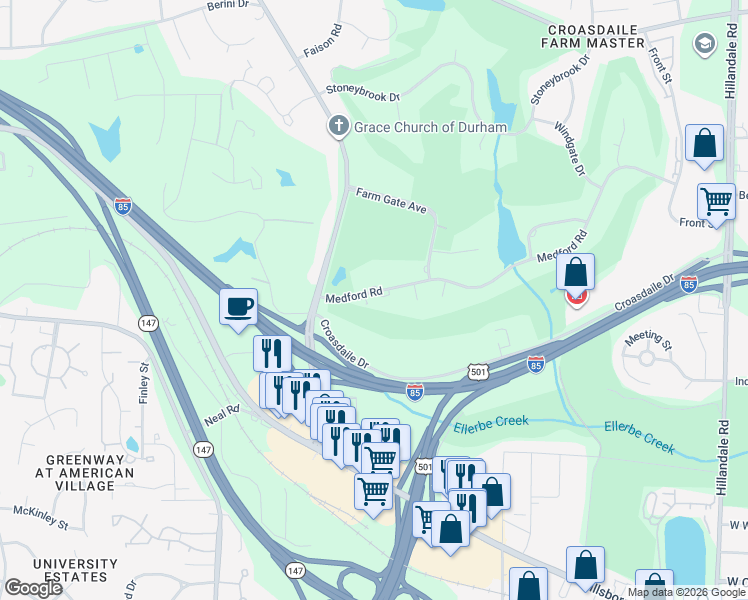 map of restaurants, bars, coffee shops, grocery stores, and more near 3731 Medford Road in Durham
