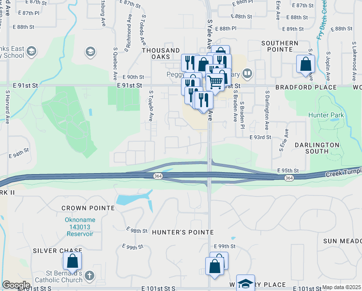 map of restaurants, bars, coffee shops, grocery stores, and more near 4616 East 94th Street in Tulsa