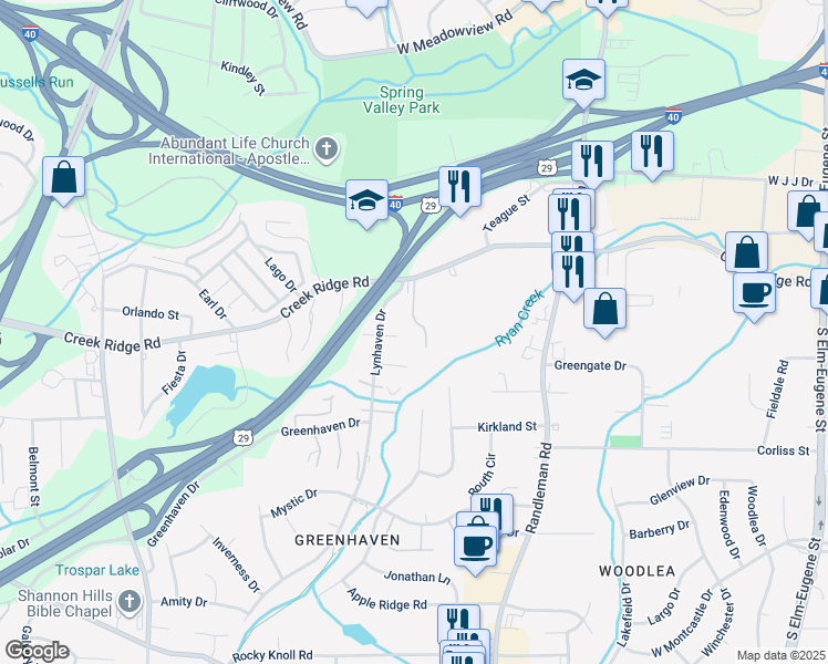 map of restaurants, bars, coffee shops, grocery stores, and more near 649 Creek Ridge Road in Greensboro