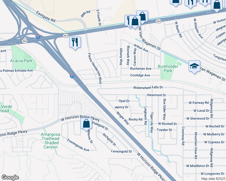 map of restaurants, bars, coffee shops, grocery stores, and more near 493 Waterwheel Falls Drive in Henderson