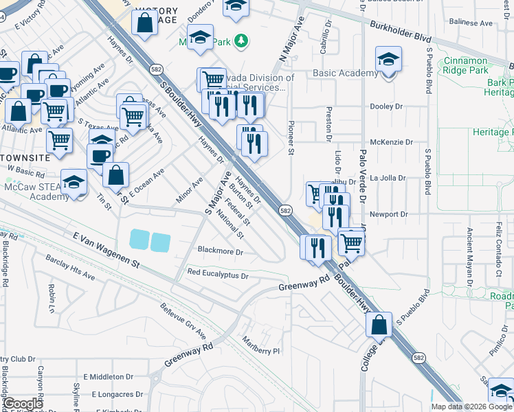 map of restaurants, bars, coffee shops, grocery stores, and more near 581 Federal Street in Henderson