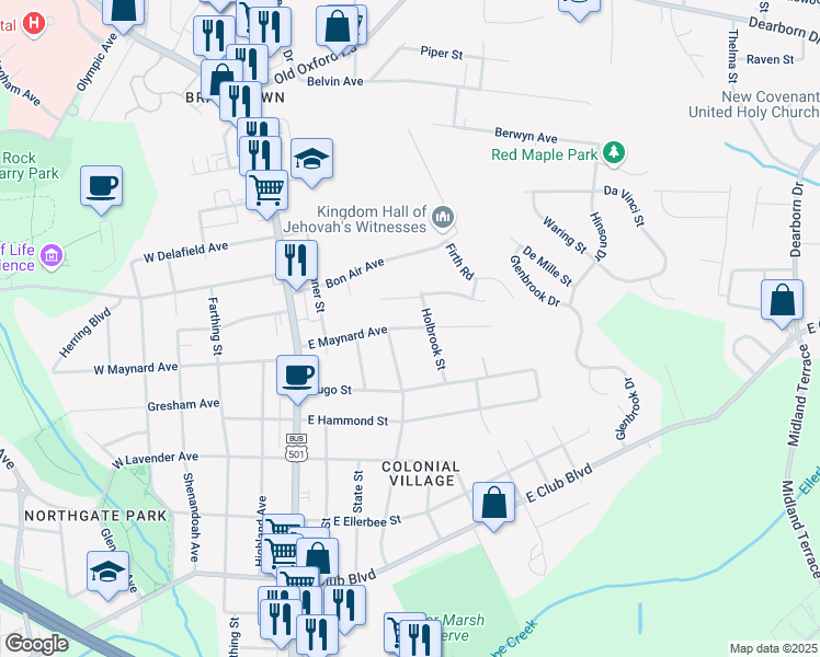 map of restaurants, bars, coffee shops, grocery stores, and more near 2817 Holbrook Street in Durham