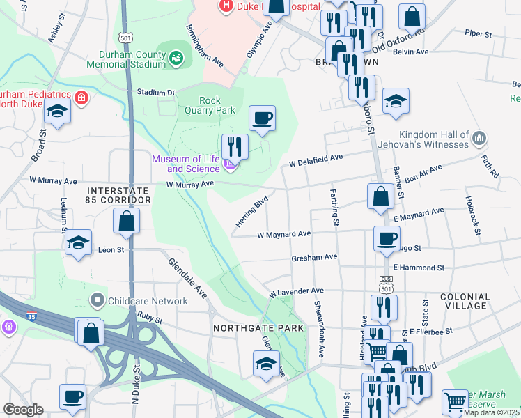 map of restaurants, bars, coffee shops, grocery stores, and more near 2806 Butner Street in Durham