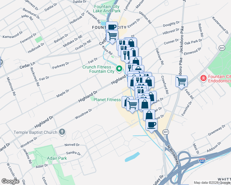 map of restaurants, bars, coffee shops, grocery stores, and more near 2616 Woodrow Drive in Knoxville