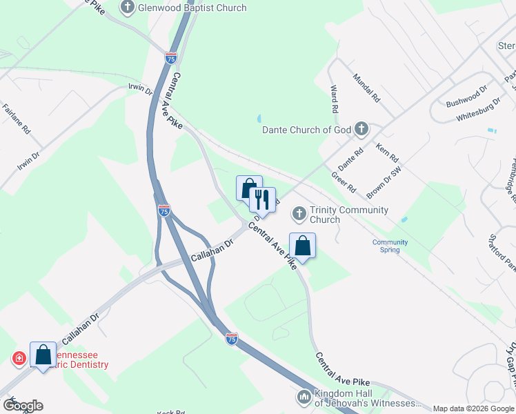 map of restaurants, bars, coffee shops, grocery stores, and more near 6714 Central Avenue Pike in Knoxville