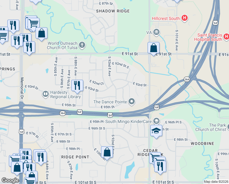 map of restaurants, bars, coffee shops, grocery stores, and more near 9058 East 94th Street in Tulsa