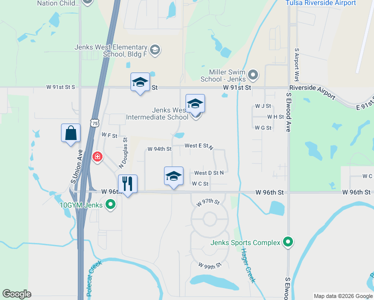 map of restaurants, bars, coffee shops, grocery stores, and more near 518 North Willow Court West in Jenks